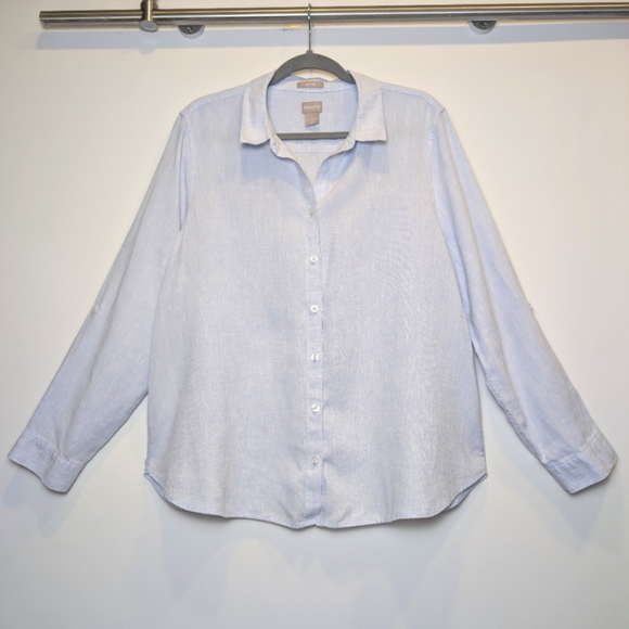 Chico's 3 Linen Light Blue Classic Button Down Shirt Size 16/18 - Picture 1 of 9